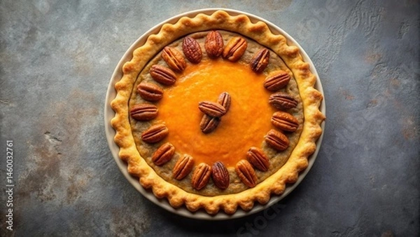 Fototapeta A perfectly baked pie with a flaky crust, golden brown edges, and a smooth, orange filling, topped with pecans in a decorative pattern.