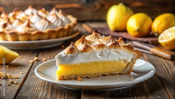 Fototapeta A slice of lemon meringue pie with a golden brown crust and a fluffy meringue topping, resting on a white plate on a rustic wooden surface, surrounded by lemons