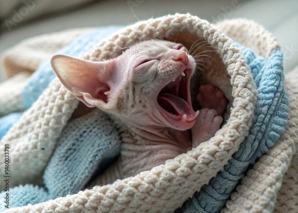 Obraz Sphynx kitten yawning inside a blanket
