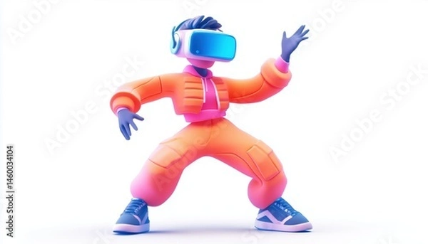 Obraz Teenager Enjoying Virtual Reality Avatar In Cyber Space Metaverse Futuristic Neon Fun Sport Game With Robot: Future Digital Technology.