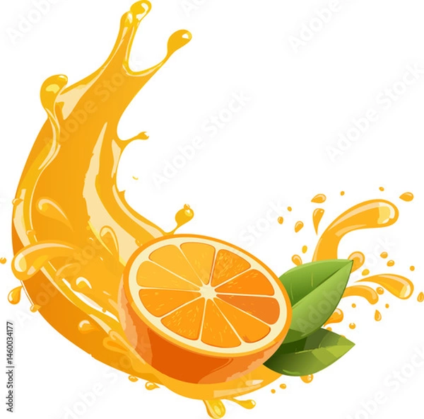 Fototapeta Illustration A half orange with juice splash with fresh leaf