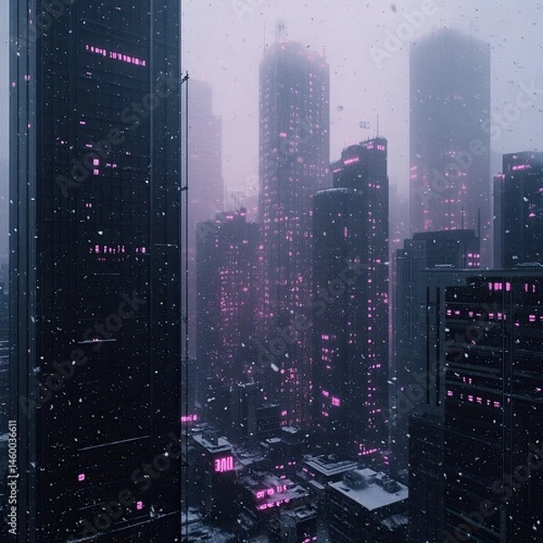 Fototapeta Futuristic city shrouded in snow, illuminated by vibrant pink lights
