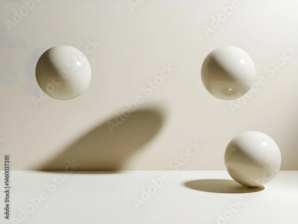 Obraz Elegant composition of three floating beige spheres casting diffused shadows on a cream background