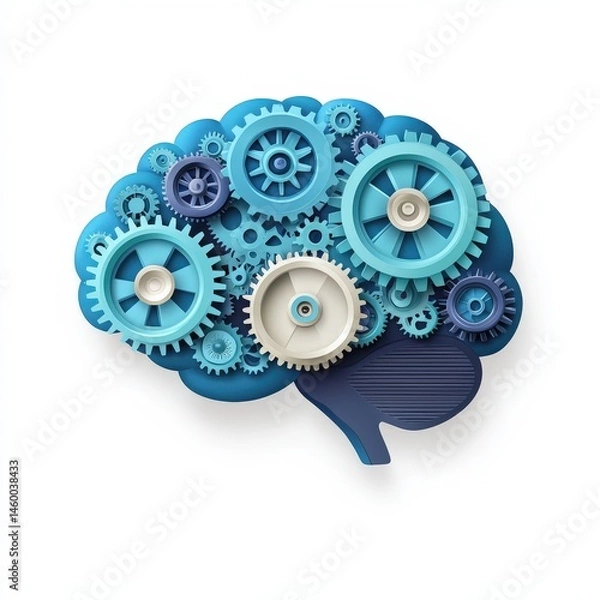 Fototapeta A stylized brain made of blue gears symbolizes thinking, intelligence, and mechanical processes.