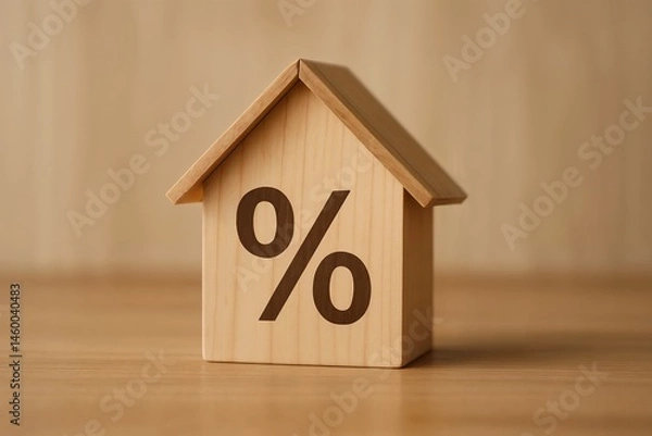 Obraz Wooden house model with percentage symbol on a wooden background  