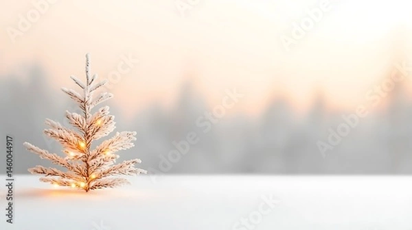 Fototapeta Miniature White Christmas Tree with Warm Lights Against a Snowy Winter Background