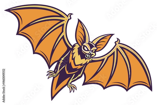Fototapeta 61 Stylized bat illustration, large pointed ears, wide-spread wings, orange and brown color scheme, symmetrical design, fierce expression, cartoon style, vector art, Halloween themed, detailed wing me