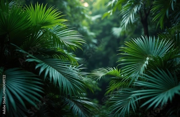 Fototapeta Tropical rainforest background with green palm leaves. Rich foliage, ecology concept, destination progress, freedom journey lifestyle for spa eco environment conservation.