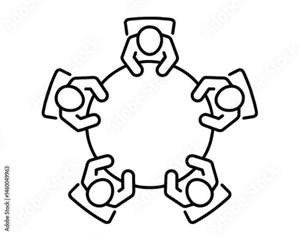 Fototapeta Top view of five people sitting around round table in negotiation meeting 

