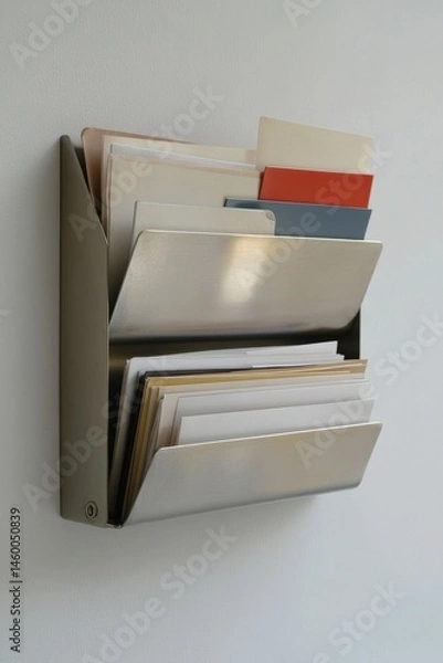 Fototapeta Modern vertical metal wall file organizer filled with assorted folders and office documents

