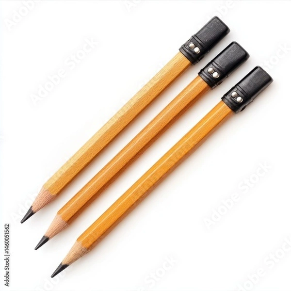 Fototapeta Three sharpened short yellow pencils with black erasers arranged diagonally on a white background

