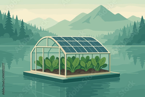 Fototapeta A flat scene unfolds with ag-tech elements, including PV rafts, spinach beds, and foggy peaks