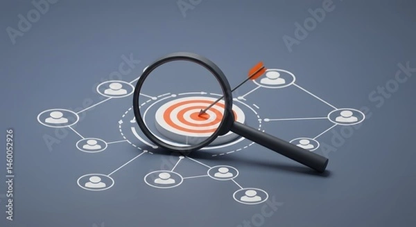 Fototapeta Target audience marketing concept Magnifying glass focusing on a bullseye with network of people icons.