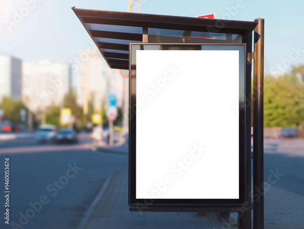 Fototapeta Outdoor Flyer Display Mockup at a bus stop with blank space in a city background, sleek and modern design