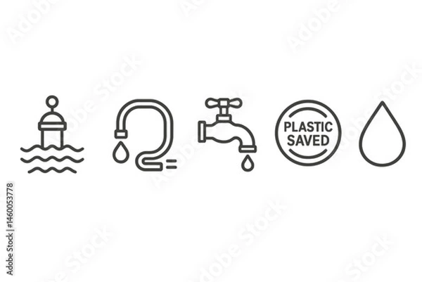 Fototapeta Icons of blue water that connect the hub, hose, tap, badge, and droplet