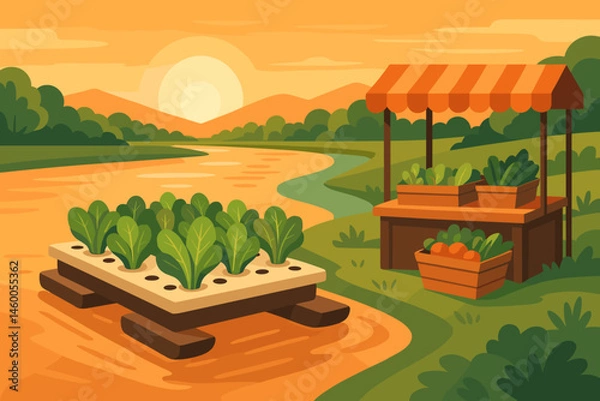 Fototapeta The ag-tech scene is flat and features hydroponic towers, a sunrise reflection, and market stalls