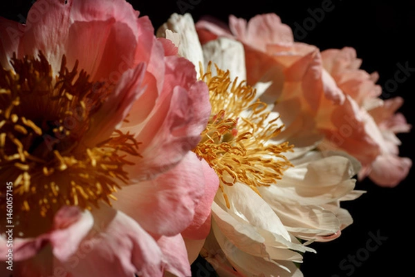 Obraz Soft fresh pink and beige peonies close up. Macro photo of a bouquet of peonies on black background.