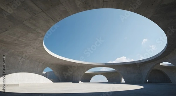 Fototapeta Modern Concrete Architecture Circular Openings, Arches, Sky View, Contemporary Design, Interior, Exterior.