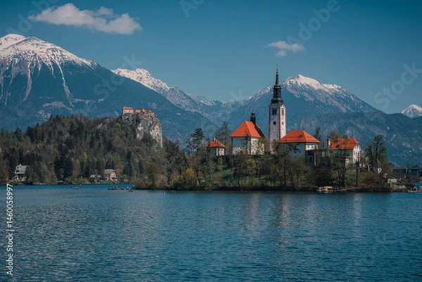 Fototapeta Bled, Slovenia - Aerial panoramic view of beautiful Bled Castle Blejski Grad with Lake Bled Blejsko Jezero , the Church of the Assumption of Maria and Julian Alps at background on a nice summer day