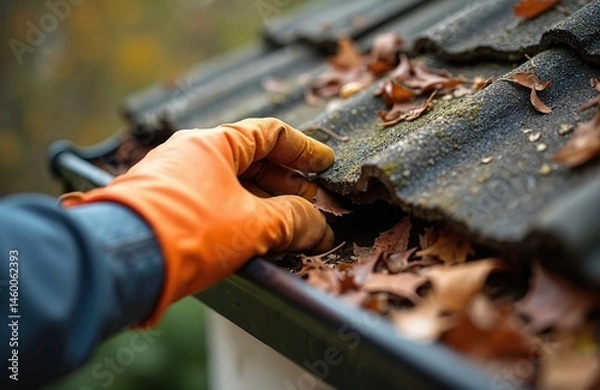 Fototapeta Person in gloves cleans blocked rain gutter. Removing fallen leaves and debris from asbestos roof to prevent water damage problems. Roofer hand working, home exterior maintenance.
