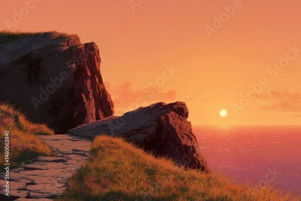Obraz Coastal Cliffs Path to Sunset at Sea