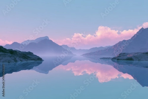 Obraz Serene Mountainscape Reflection Dreamscape Tranquil Waters Mountains Clouds at Twilight or Sunrise