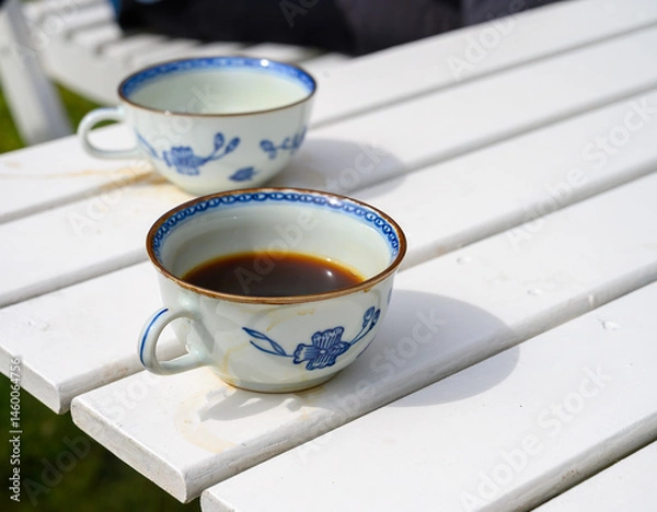 Obraz Two beautifully designed cups holding dark coffee sit on a white wooden table in a bright garden. The sunlight enhances the moment, creating a tranquil atmosphere