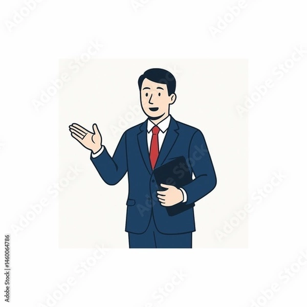 Obraz スーツ姿のビジネスマンが説明するポーズのイラスト（フラットスタイル）
