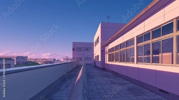 Obraz Serene School Rooftop View Aesthetic Building Architecture Outdoors Sunlight and Clouds Tranquil Scene