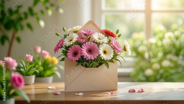 Fototapeta Lettre ouverte avec des fleurs à l'intérieur, espace vide pour du texte, fête des mères, valentin, grand-mères, mariage