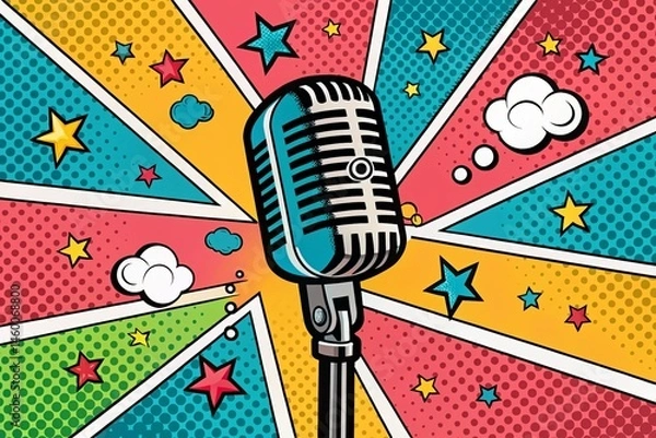 Obraz Pop art Microphone podcast logo colorful background in pop art retro comic style - generated by ai