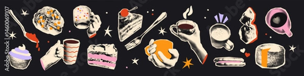 Fototapeta Trendy halftone collage elements set. Cutout hands holding cups and mugs of hot coffee or tea, sweets with vintage dotted texture and doodles. Modern retro vector illustration for mixed media design