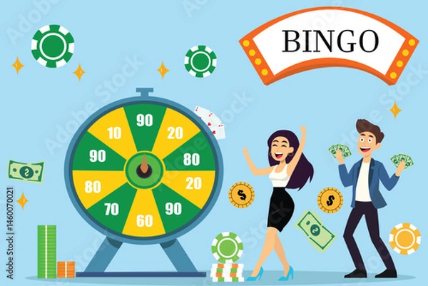 Obraz Lottery luck lucky win wheel spin game jackpot roulette concept. Vector graphic design illustration