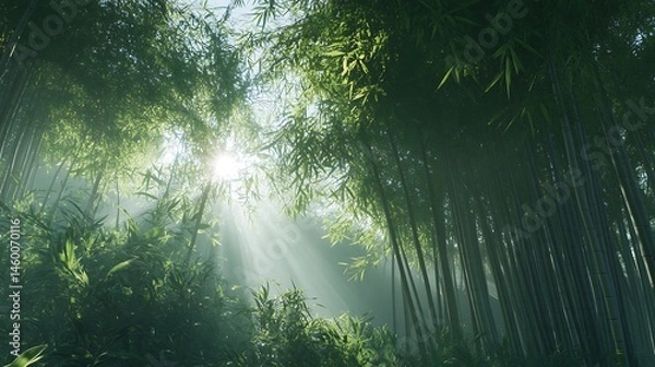Obraz Soft golden light shining through serene bamboo forest high resolution picture