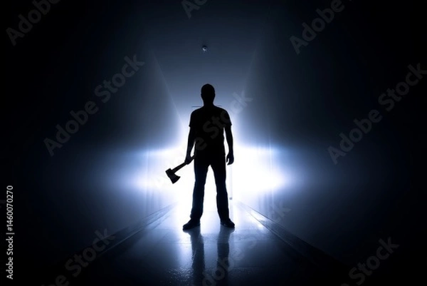 Fototapeta Silhouette of Man with Axe in Dark Corridor - A mysterious silhouette of a man holding an axe stands in a dimly lit corridor, creating a suspenseful and ominous atmosphere
