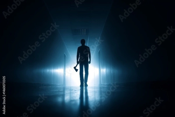 Fototapeta Silhouette Of Man With Axe In Dark Hallway - A lone figure, shrouded in shadow, walks down a dark corridor, axe in hand. Mystery, suspense, danger, isolation, and dread are palpable