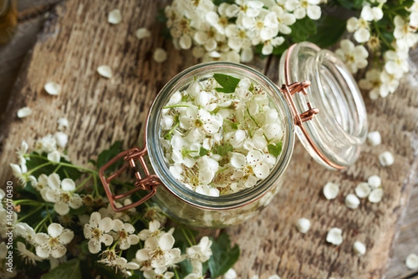 Fototapeta Preparation of herbal tincture in a glass jar with fresh hawthorn flowers