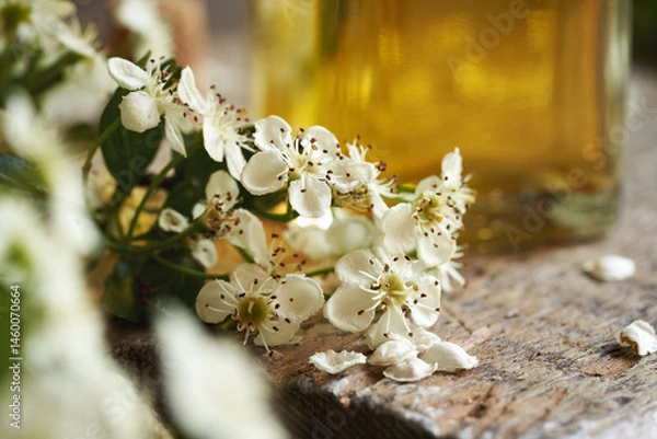 Fototapeta Hawthorn flowers collected in spring with a bottle of herbal tincture in the background