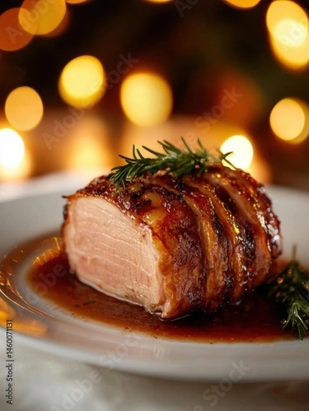 Fototapeta Plate of food with a piece of meat on it. the meat appears to be a pork tenderloin, wrapped in bacon and drizzled with a dark sauce.