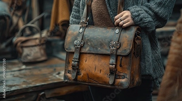Obraz Handcrafted leather messenger bag.  Used, weathered look