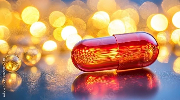 Obraz Close-up of a vibrant red pill on a reflective surface,  surrounded by warm, bokeh lights