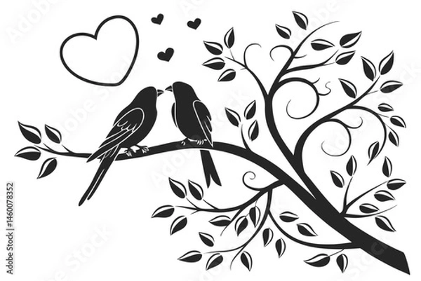 Obraz 72 Black and white illustration, two love birds, heart symbol, stylized design, silhouette, minimalist, branch perch, symmetrical composition, romantic motif, graphic art, clean lines, simple shapes, 