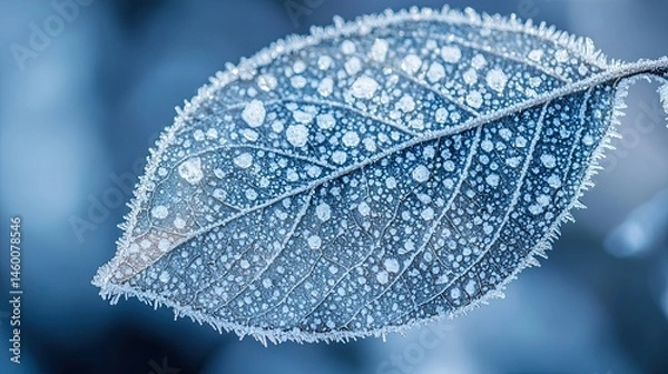 Obraz Frosted leaf close-up.  Delicate icy patterns adorn a leaf, showcasing nature's winter artistry.  Crystallized water droplets, a frosty texture, and a muted blue tone creates a magical winter scene