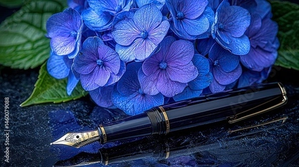 Obraz Vibrant blue hydrangea and elegant pen