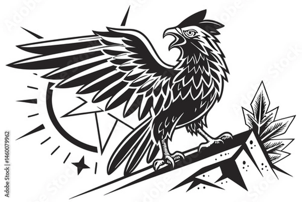 Obraz 73 Stylized rooster silhouette, black and white illustration, high contrast, bold lines, dramatic wing spread, detailed feathers, sharp beak, proud stance, graphic design style, woodcut aesthetic, dyn
