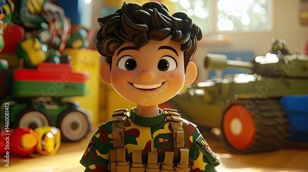 Obraz Animated boy in camouflage uniform, surrounded by toys in a playroom