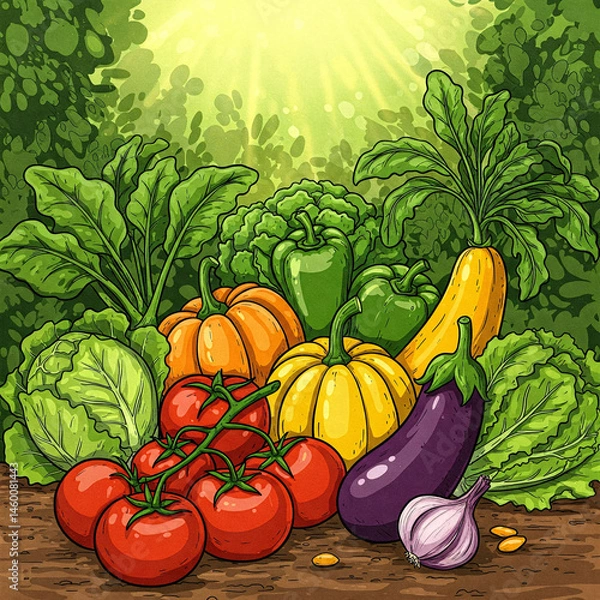 Fototapeta Dessin d'une nature morte colorée de légumes variés avec un arrière-plan vert et lumineux