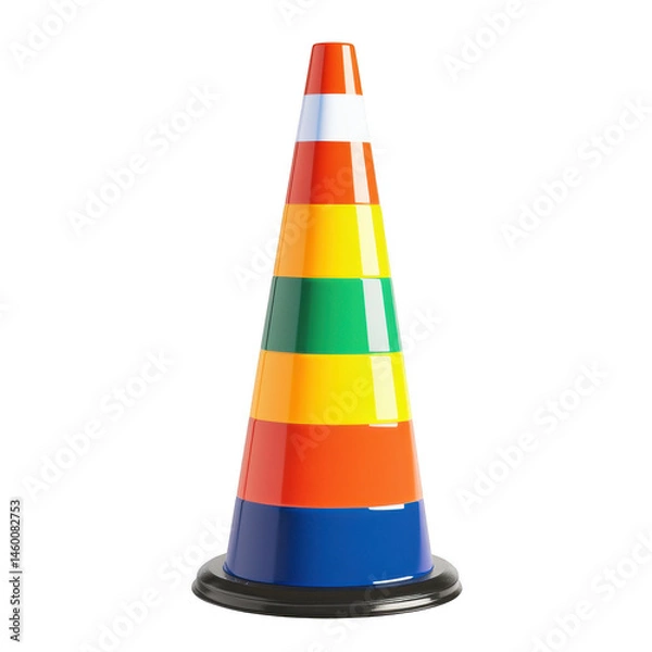 Fototapeta Colorful striped plastic cone with black base on plain setting
