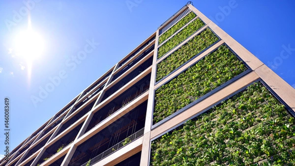 Fototapeta Green office building with plants on the facade. Ecology and green living in city, urban environment concept. Eco architecture. 