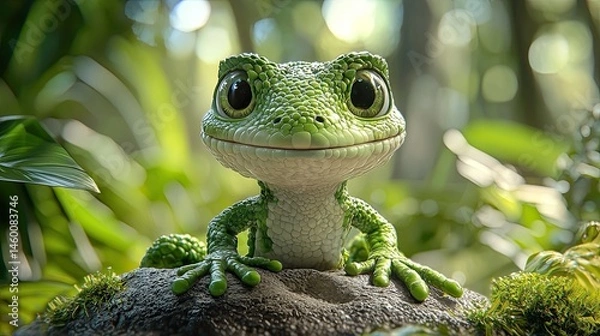 Obraz Cute green lizard in lush jungle setting